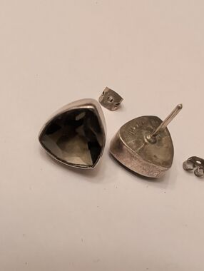 Vintage Smoky Stone Triangle Sterling Stud Earrings - Vintage